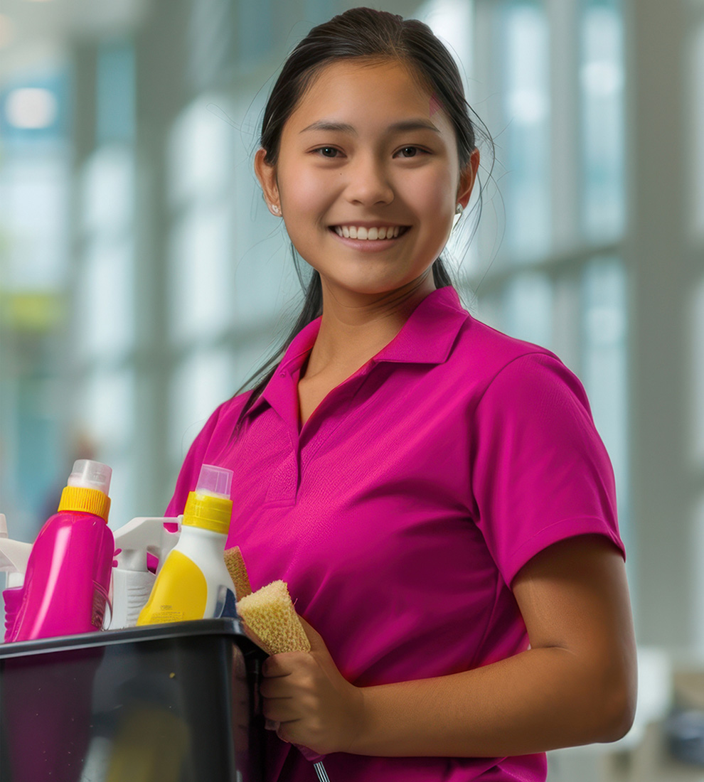 Professional cleaner with cleaning supplies