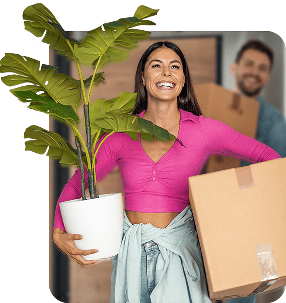 Happy client holding plant